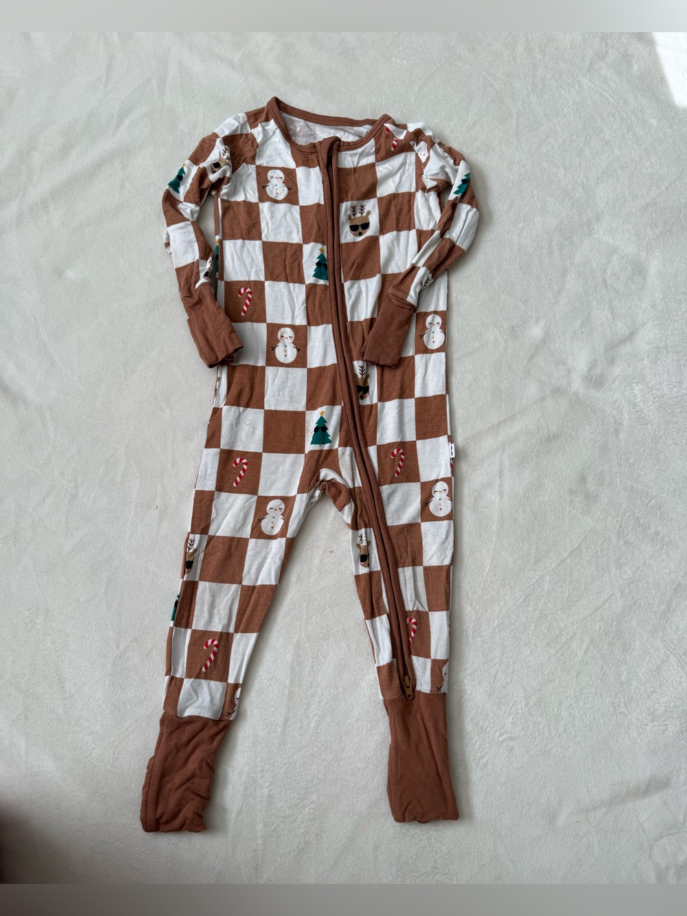 Little Sleepies Kids Brown & White Checker One-Piece with Holiday Print